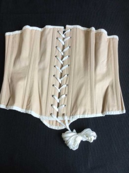 Womens, Corset 1890s-1910s, N/L, Beige, Cotton, Solid, W32, B42, with Cream Trim, Lace Up Center Back, No Lacing,