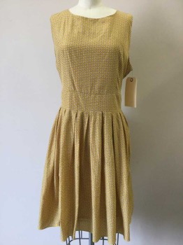 EYE CANDY, Mustard Yellow, Brown, White, Viscose, Novelty Pattern, Mustard with Brown/white Butterfly Print, Round Neck,  Sleeveless, Pleated Skirt, Self Tie Belt