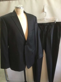 VERSACE, Black, Polyester, Wool, Solid, Slightly Shiny (Almost Like Sharkskin) Fabric, Single Breasted, Peak Lapel, 2 Buttons,  3 Pockets