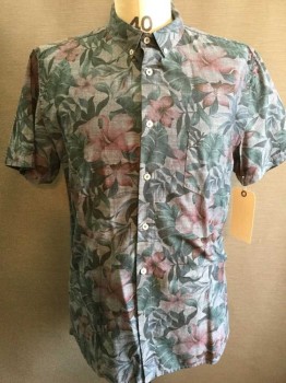 Mens, Hawaiian Shirt, BARNEY COOLS, Blue, Dusty Blue, Dusty Rose Pink, Teal Blue, Cotton, Floral, L, Button Down Collar, Short Sleeve,  Button Front, 1 Pocket,