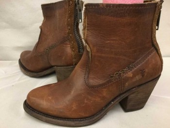 Womens, Cowboy Boots, FRYE, Caramel Brown, Leather, Solid, 6, 2" Stack Heel, Ankle High, Back Zip, Rough Suede and Stitch Detail By Zipper