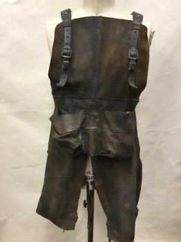 Unisex, Sci-Fi/Fantasy Apron, MTO, Brown, Suede, Metallic/Metal, Solid, Heavily Aged/Distressed, Mix Of Suede, Leather, Canvas and Mismatched Found Metal Hardware. Leg Split with Straps, 2pc-- Balled Up Tan./cream/lt Blue Kerchief Stuffed In Pocket,
