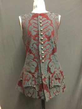 N/L, Red Burgundy, Teal Green, Cotton, Floral, Teal Green On Burgundy Brocade Cotton with 2 Functioning Flap Pockets, Wine Button Hole Trim Detail, 11 Pewter Filigree Buttons, Brown Cotton Back with Black Center Back Black Lacing, Self Tie Back