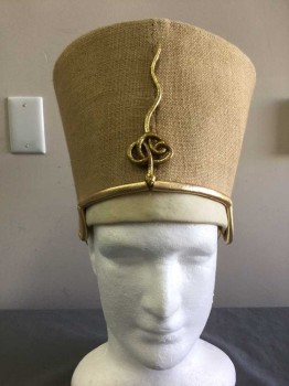 Unisex, Historical Fiction Headpiece, MTO, Khaki Brown, Gold, Linen, Leather, Solid, Priest, Homespun Fabric with Snake Center Front, Piped In Gold Leather, Lined with Cream Linen
