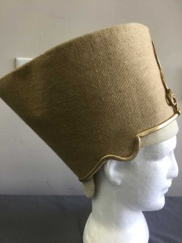 Unisex, Historical Fiction Headpiece, MTO, Khaki Brown, Gold, Linen, Leather, Solid, Priest, Homespun Fabric with Snake Center Front, Piped In Gold Leather, Lined with Cream Linen