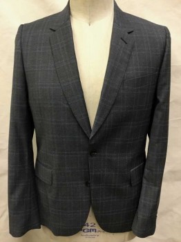 PAUL SMITH, Gray, Lt Blue, Wool, Plaid-  Windowpane, Gray with Light Blue Double Thin Striped Windowpane, Single Breasted, Notched Lapel, 2 Buttons, 3 Pockets, Black and Royal Blue Satin Lining, Peach Lining in Sleeves