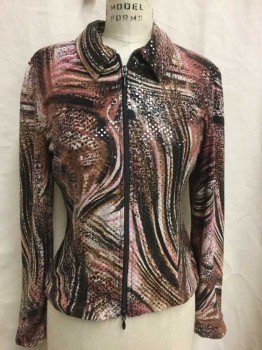 Womens, Jacket, JOSEPH RIBHOFF, Assorted Colors, Mauve Pink, Black, Tan Brown, Lt Pink, Polyester, Spandex, Reptile/Snakeskin, 8, Swirl Pattern with Clear Paillettes, Zip Front, Collar Attached, Lightly Padded Shoulders, Black Lining,