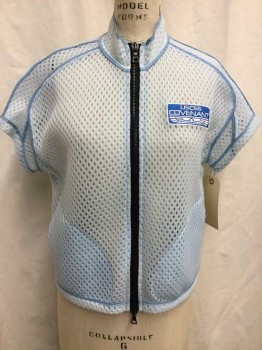 Womens, Sci-Fi/Fantasy Jacket, JAMES LONG, Lt Blue, Black, Synthetic, Solid, Dots, L, Zip Front, Short Sleeves, See Through Foamy Sports Mesh, 2 Pockets, Stand Collar, Multiples,