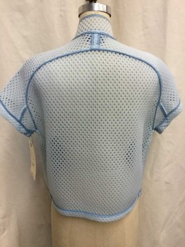 JAMES LONG, Lt Blue, Black, Synthetic, Solid, Dots, Zip Front, Short Sleeves, See Through Foamy Sports Mesh, 2 Pockets, Stand Collar, Multiples,