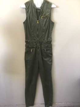 Womens, Jumpsuit, BEBE, Olive Green, Cotton, Viscose, Solid, W:28, B:35, H:35, Sleeveless, Gold Metal Zipper At Front, Band Collar, 3 Gold Zip Pockets, 2 Straps on Either Side of Waist Withbold Button Detail, Skinny Leg