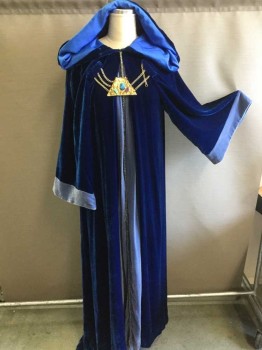 MTO, Dk Blue, Lt Blue, Gold, Multi-color, Synthetic, Solid, Velvet Pullover Robe with Hood, Long Sleeves, Trimmed with Light Blue, 3 Gold Chains Hold Up Gold Metal Polygon with Multi-color Stones, Double