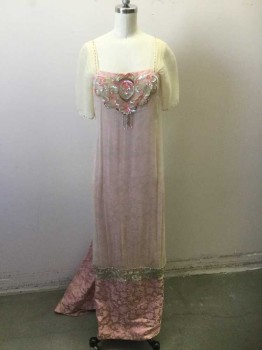 Womens, Evening Dress 1890s-1910s, N/L, Cream, Pink, Blush Pink, Silk, Beaded, Solid, Floral, B:30, Cream Sheer Crinkled Chiffon Overlayer, Pink and Blush Floral Brocade Underlayer, Short Sleeves, Square Neck, Empire Waist, Beaded Sheer Net Panel with Assorted Beads, Tassles at Bust, Chiffon Layer Ends at Mid Calf to Reveal Brocade at Hem/Train, Made To Order