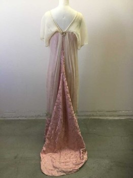 Womens, Evening Dress 1890s-1910s, N/L, Cream, Pink, Blush Pink, Silk, Beaded, Solid, Floral, B:30, Cream Sheer Crinkled Chiffon Overlayer, Pink and Blush Floral Brocade Underlayer, Short Sleeves, Square Neck, Empire Waist, Beaded Sheer Net Panel with Assorted Beads, Tassles at Bust, Chiffon Layer Ends at Mid Calf to Reveal Brocade at Hem/Train, Made To Order