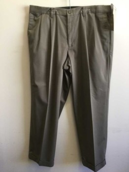 DOCKERS, Dk Olive Grn, Cotton, Polyester, Solid, Double Pleats,  Zip Front, 4 Pockets, Cuffs
