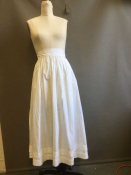 White, Cotton, Solid, Apron Gathered to Waist Band. Crochet and Eyelet Lace Trim at Hemline