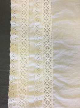 Womens, Apron 1890s-1910s, White, Cotton, Solid, Apron Gathered to Waist Band. Crochet and Eyelet Lace Trim at Hemline