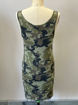 ZENANA OUTFITTERS, Olive Green, Brown, Black, Cotton, Spandex, Camouflage, Jersey Knit, Scoop Neck, Hem Above Knee