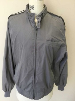 Mens, Windbreaker, MEMBERS ONLY, Gray, Polyester, Cotton, Solid, L, Zip Front, Stand Collar with Self Strap Detail with 2 Snap Closures at Neck, Rib Knit Trim on Pockets, Cuffs and Waist