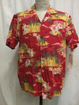 PACIFIC LEGEND, Red, Orange, Pink, Brown, Green, Cotton, Tropical , Red/ Orange/ Pink/ Brown/ Green Tropical Print, Button Front, Open Collar Attached, Short Sleeves, 1 Pocket,