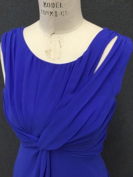 VERA WANG, Royal Purple, Polyester, Solid, Chiffon, Pleated/Gathered Top, Cutout Hole Left Shoulder, Knotted Center Front Waist, Floor Length Hem, Side Zip, Sleeveless, Scoop Neck, Diagonal Pleated Back Top