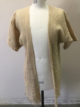 Mens, Historical Fiction Tunic, MTO, Tan Brown, Burlap, Solid, M, Open Tunic/ Robe, Short, Short Sleeves, Fringe on Bottom, Lt Beige Embroidery on Sleeves and Body