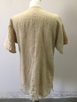 Mens, Historical Fiction Tunic, MTO, Tan Brown, Burlap, Solid, M, Open Tunic/ Robe, Short, Short Sleeves, Fringe on Bottom, Lt Beige Embroidery on Sleeves and Body