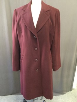 GALLERY, Wine Red, Polyester, Wool, Solid, Notched Lapel, Button Front, Slit Pockets, Removable Wool Lining