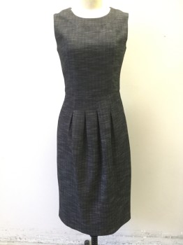 CALVIN KLEIN, Black, White, Wool, Synthetic, Tweed, Appears Charcoal, Scoop Neck, Box Pleated Skirt, Zip Back