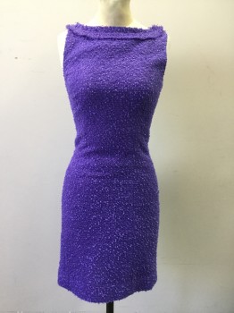 KATE SPADE, Purple, Wool, Silk, Solid, Ribbon Boucle, Boat Neck, Neck Panel with Raw Edges, Knee Length, Zip Back