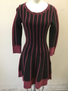 MAJE, Black, Raspberry Pink, Cotton, Nylon, Stripes - Vertical , Abstract , Black with Raspberry Chevron Vertical Stripes Knit, with Abstract Zig Zag/Spiral/Diamond/Etc Detail at Hem and Cuffs, 3/4 Sleeves, Scoop Neck, A-Line/Flared Shape, Hem Above Knee