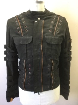 Mens, Jacket, JUNKER DESIGNS, Black, Cotton, Solid, L, Heavy Twill, Zip Front, Many Decorative Zippers Throughout, Stand Collar, 2 Flap Pockets at Chest, Various Black Metal Grommets and Self Horizontal Straps, Steampunk/Bondage Look, Red Lining, Contemporary Item Used As Sci Fi/Fantasy