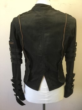 Mens, Jacket, JUNKER DESIGNS, Black, Cotton, Solid, L, Heavy Twill, Zip Front, Many Decorative Zippers Throughout, Stand Collar, 2 Flap Pockets at Chest, Various Black Metal Grommets and Self Horizontal Straps, Steampunk/Bondage Look, Red Lining, Contemporary Item Used As Sci Fi/Fantasy