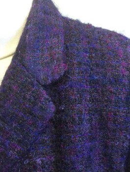 TALBOTS, Aubergine Purple, Purple, Wool, Mohair, Solid, Speckled, Very Fuzzy Texture, Single Breasted, 4 Buttons, Notched Lapel, 2 Pockets, Padded Shoulders, Solid Dark Purple Satin Lining