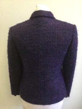 TALBOTS, Aubergine Purple, Purple, Wool, Mohair, Solid, Speckled, Very Fuzzy Texture, Single Breasted, 4 Buttons, Notched Lapel, 2 Pockets, Padded Shoulders, Solid Dark Purple Satin Lining