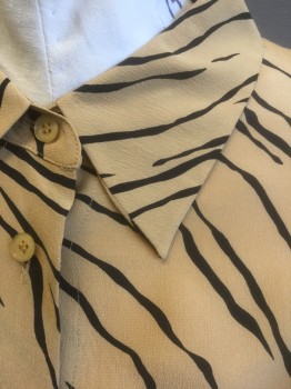 JONES NEW YORK, Tan Brown, Black, Silk, Animal Print, Tiger Stripes, Long Sleeve Button Front, Collar Attached,
