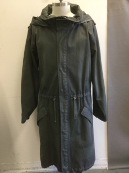 Mens, Coat, Duster, NL, Olive Green, Cotton, Solid, XL, Canvas, Attached Hood, Zip Front, Drawstring Waist/ Hem,Pocket Flaps, Very Heavy