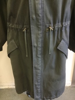 Mens, Coat, Duster, NL, Olive Green, Cotton, Solid, XL, Canvas, Attached Hood, Zip Front, Drawstring Waist/ Hem,Pocket Flaps, Very Heavy