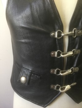 BOY LONDON, Black, Silver, Leather, Metallic/Metal, Solid, Black Leather with 4 Large Silver Metal Lobster Clasp Closures at Front, 2 Welt Pockets with Large Silver Snap Closures, Club Wear/Fetish Wear