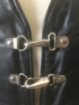 BOY LONDON, Black, Silver, Leather, Metallic/Metal, Solid, Black Leather with 4 Large Silver Metal Lobster Clasp Closures at Front, 2 Welt Pockets with Large Silver Snap Closures, Club Wear/Fetish Wear