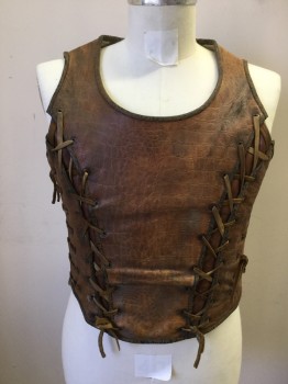 Mens, Historical Fict. Breastplate , MTO, Brown, Leather, Solid, Ch 40, Greek/Roman Soldier Breast Plate. Crocodile Patterned Leather, Lace Up Panel Details Front and Back, Adjustable Size At Sides with Leather Lacing, White with Black Pin Stripe Lining