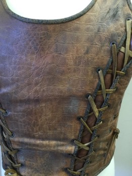 Mens, Historical Fict. Breastplate , MTO, Brown, Leather, Solid, Ch 40, Greek/Roman Soldier Breast Plate. Crocodile Patterned Leather, Lace Up Panel Details Front and Back, Adjustable Size At Sides with Leather Lacing, White with Black Pin Stripe Lining