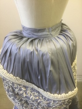 Slate Blue, Antique White, Pearl White, Silk, Beaded, 3 Piece Gown: Overskirt, Taffeta, Open in Front with Floor Length Panel/Train in Back, Antique White Floral Lace Embroidery with Tiny Pearl Beads, Cartridge Pleating at Back and Sides of Waist, Made To Order