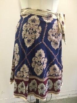 N/L, Navy Blue, Cream, Maroon Red, Cotton, Floral, Wrap Skirt, India Block Print, 2 Belt Loops,