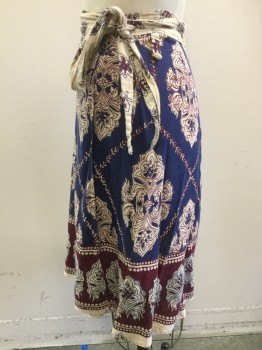 N/L, Navy Blue, Cream, Maroon Red, Cotton, Floral, Wrap Skirt, India Block Print, 2 Belt Loops,