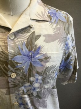 TOMMY BAHAMA, Cream, Blue, Lt Blue, Taupe, Lt Gray, Silk, Floral, Leaves/Vines , Jacquard, Camp C.A., B.F., 1 Pckt, S/S