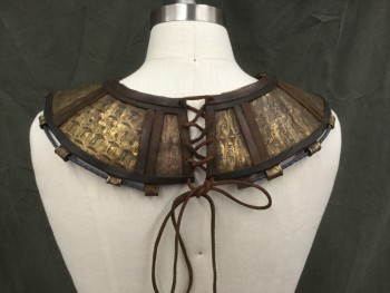Unisex, Historical Fiction Collar, MTO, Bronze Metallic, Brown, Navy Blue, Metallic/Metal, Leather, O/S, Gold Hammered Metal Panels with Printed Hieroglyphics, Brown Leather Trim Between Panels and Edges, Navy Braided Leather Trim Through Metal Belt Loops, Wang Tie/Lacing at Center Back