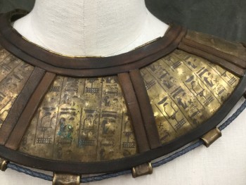 Unisex, Historical Fiction Collar, MTO, Bronze Metallic, Brown, Navy Blue, Metallic/Metal, Leather, O/S, Gold Hammered Metal Panels with Printed Hieroglyphics, Brown Leather Trim Between Panels and Edges, Navy Braided Leather Trim Through Metal Belt Loops, Wang Tie/Lacing at Center Back