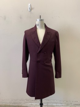Mens, Historical Fiction Coat, NL, Red Burgundy, Wool, Silk, Solid, W35, C40, Frock Coat , Double Breasted with 4 Covered Buttons on Front and 3 Smaller Covered Buttons on Each Cuff,,  Decorative Split Panel Peak Lapels with Three  1'' Faux Button Holes on Each Lapel .Single Vent and Two Pleats From Waist to Bottom Edge with 2 Small Covered Button S at Top of Pleats, Striking Two Tone Blood Red/Green Silk Lining