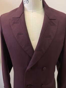 Mens, Historical Fiction Coat, NL, Red Burgundy, Wool, Silk, Solid, W35, C40, Frock Coat , Double Breasted with 4 Covered Buttons on Front and 3 Smaller Covered Buttons on Each Cuff,,  Decorative Split Panel Peak Lapels with Three  1'' Faux Button Holes on Each Lapel .Single Vent and Two Pleats From Waist to Bottom Edge with 2 Small Covered Button S at Top of Pleats, Striking Two Tone Blood Red/Green Silk Lining