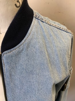 ORIGINAL USE, Denim Blue, Navy Blue, Cotton, Color Blocking, Faded, Zip Front, Flat Shawl Collar, 2 Front Welt Pockets, Patch Pocket with 3 Layers and Zipper, Ribbed Collar Cuffs and Waistband **Small Red Stain on Right Side